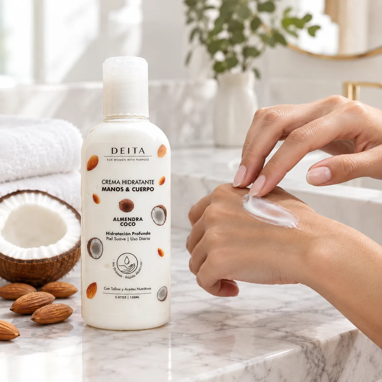 Mujer aplicándose crema Deita en el dorso de la mano