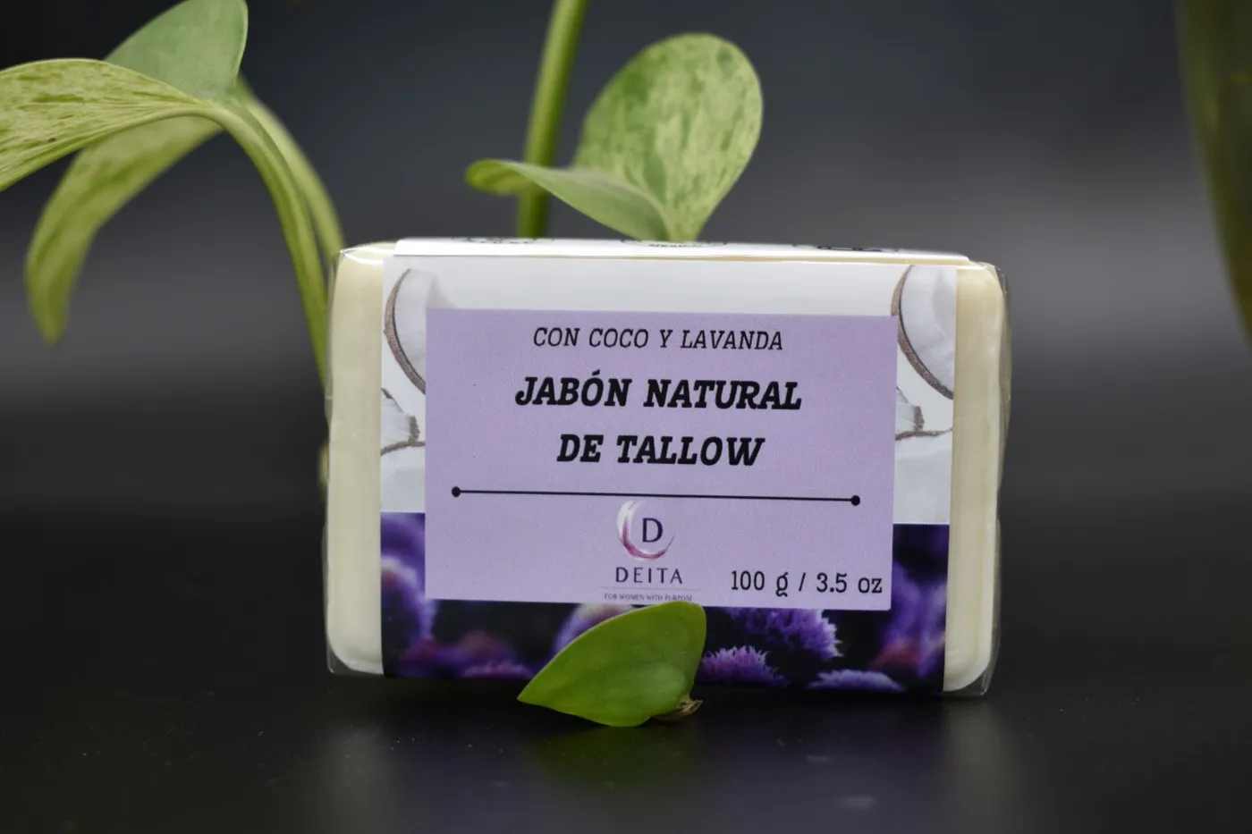 Jabón Deita junto a una planta